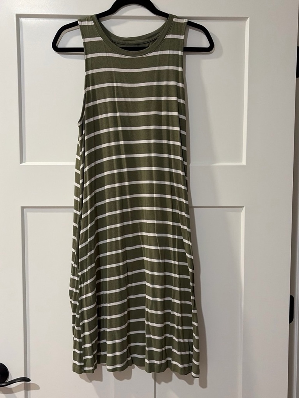 Olive Green & White Striped Sleeveless Swing Dress